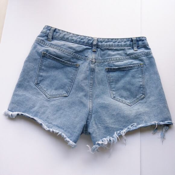Pretty Little Thing Size 8 Denim Jean Shorts Cutoffs Distressed Boho Festival - Picture 5 of 10
